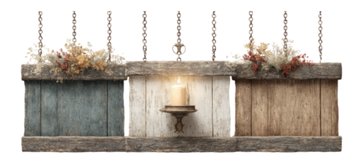 Rustic Wood Shelf with Candle and Dried Flowers on Transparent Background