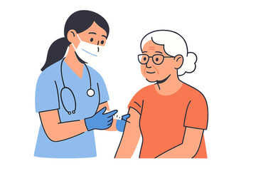 Covid-19 vaccination concept. Female nurse or doctor gives a vaccine injection shot to an elderly woman's shoulder. Medical treatment, immunization and healthcare for seniors.