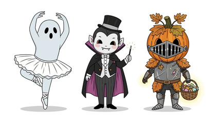 Halloween Costume Characters: A trio of whimsical characters in playful costumes for Halloween, conjuring delight and spooky fun in a charming illustration style. 