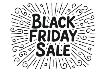 Black Friday Sale inscription design template. Hand-drawn lettering banner for holiday shopping promotion. Vector cartoon illustration with linear sunburst pattern background.