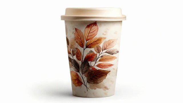 A takeaway coffee cup with a beige lid and a watercolor autumn leaves design.