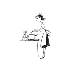 Black and White Illustration of Beautiful Woman Cooking in the Kitchen Minimalist Elegant Artwork Design
