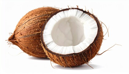Whole and halved coconuts showing fibrous brown shell and smooth white flesh, isolated on white background, highlighting contrast in texture and edible anatomy for culinary or educational use.