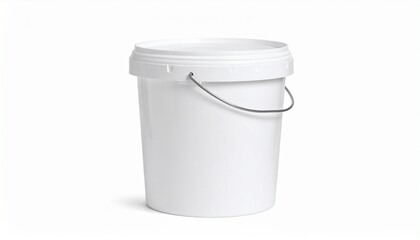 Plain white plastic bucket with sealed lid and metal handle, cylindrical shape, isolated on white background to highlight clean design, utility, and multipurpose storage or transport function.