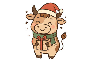 Cute Christmas cow vector illustration. Cartoon funny bull in Santa hat holding a gift. Festive holiday animal character for kid apparel print, greeting card or party poster.