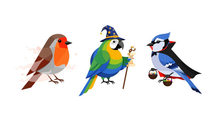 Feathery friends, birds in costumes: Three whimsical birds, a robin, a parrot dressed as wizard, and a blue jay in a vampire cape, create a delightful scene full of imagination and charm.