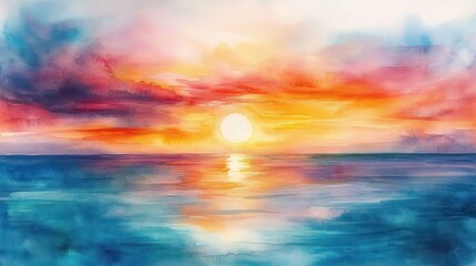 Colorful seascape watercolor painting of a serene sunset over calm ocean waters with vibrant sky hues of orange, pink, purple, and blue reflecting on the sea