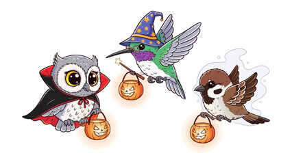 Halloween birds: An endearing trio of birds are prepared for trick-or-treat. One bird donned in a dracula costume, another in a wizard outfit, while another sports a charming, everyday look.