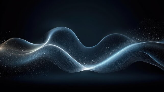 Smooth flowing digital wave made of tiny particles and fine lines glowing softly on a dark background evoking a sense of fluid motion and futuristic technology