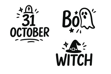 Happy Halloween vector set. Handmade quotes and trendy line typography. Holiday design for card, decor, spooky phrase, flyers. Modern calligraphy. 31 October, Boo, Witch.