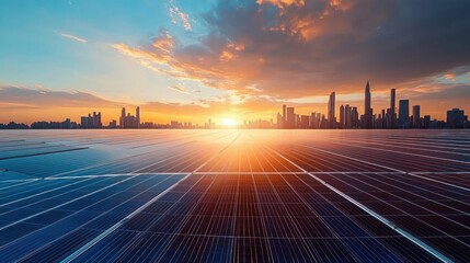 Expansive solar panel field reflecting vibrant sunset with dramatic clouds and modern city skyline in the background