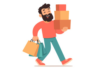 Happy bearded man on shopping spree. Cartoon character carries boxes and bags. Black Friday sale concept. Male buyer, consumer or shopaholic enjoying discounts and purchases.