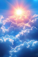 Bright sun shining above fluffy clouds in a vibrant blue sky with rays of warm light and soft pink hues creating a serene and uplifting atmosphere