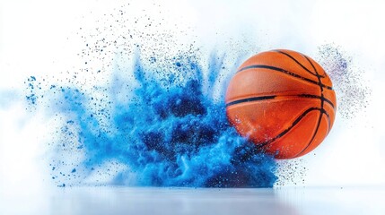 Obraz premium orange basketball bursting through vibrant blue powder explosion on white background capturing energy and motion