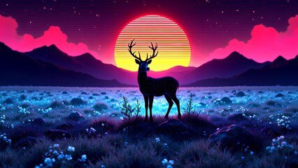 A majestic deer silhouette stands in a field of glowing flowers under a retro 80s synthwave sunset with mountains in a vibrant, neon landscape.