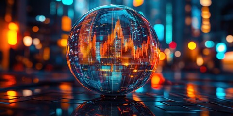 Glass sphere on a reflective surface displaying glowing orange and blue digital financial charts with a blurred cityscape background at night