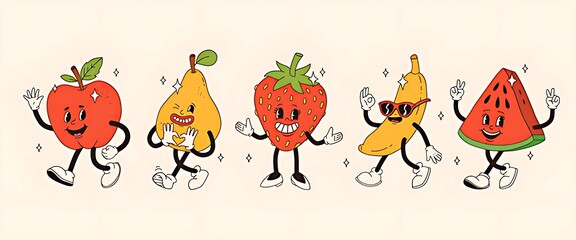 Retro cartoon fruits dancing and having fun together