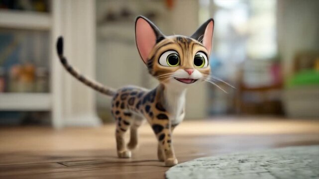 Animated cat character with large eyes and spotted fur in a home setting