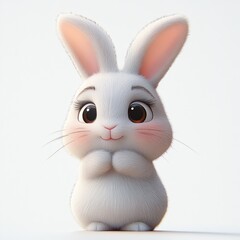 Obraz premium cute fluffy white bunny with big eyes and pink cheeks standing with paws close to chest looking happy and innocent