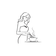 Black and White Illustration of Beautiful Woman Cooking in the Kitchen Minimalist Elegant Artwork Design