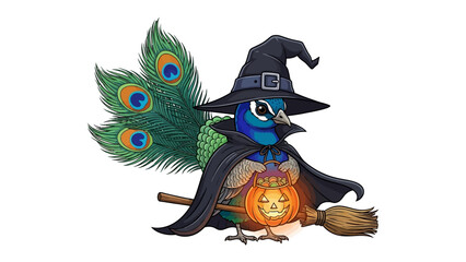 Magical Halloween Peacock : A whimsical illustration of a peacock adorned in a witch's attire, a festive scene featuring a charming and spooky bird holding a lantern on broom.
