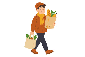 Young man shopping for groceries with paper and reusable bags. Cartoon character walking with fresh food in autumn clothes. Flat vector illustration for healthy lifestyle concept.