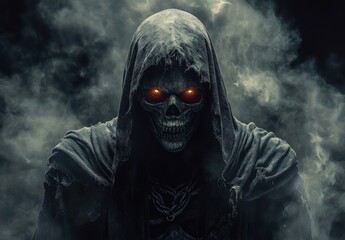 sinister glowing-eyed skeletal figure in tattered dark hooded cloak emerging from smoky mist, evoking eerie and ominous atmosphere