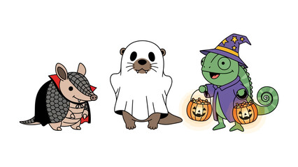 Halloween animals: adorable creature dressed in Halloween costumes, armadillo with bat costume, otter as a ghost and chameleon as witch.