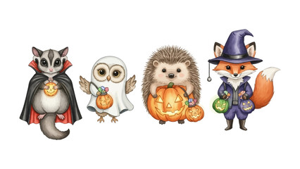 Whimsical Halloween Animals Gathering: A delightful watercolor illustration showcases a charming scene where a sugar glider, owl, hedgehog, and fox are dressed up in Halloween costumes with pumpkins.