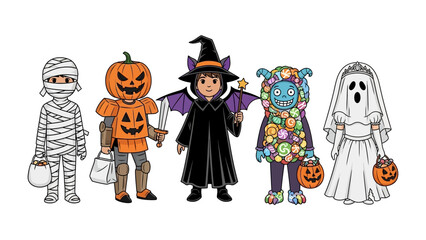 Enchanting Halloween Gathering: A delightful ensemble of children, each adorned in creative costumes, embodying the essence of Halloween's playful spirit.