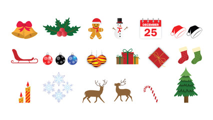 Christmas Icon Set with Gifts, Tree, Snowman, and Decorations