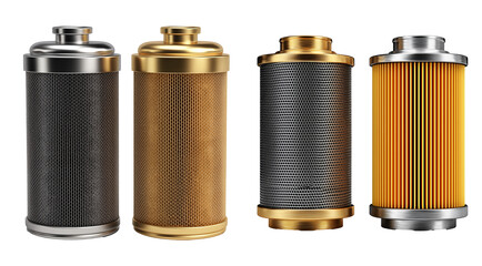 Collection Of Automotive Oil Filters With Metal And Synthetic Elements On Transparent Background