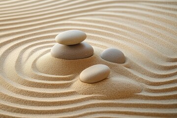 Smooth oval stones arranged on fine sand with carefully raked concentric lines creating a calm and meditative zen garden scene