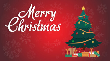 Merry Christmas Greeting Card with Decorated Tree and Gift Boxes Isolated