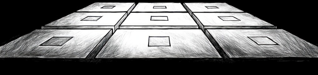 monochrome abstract perspective of nine square panels arranged in a grid with each panel featuring a smaller central square on a black background