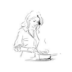 Black and White Illustration of Beautiful Woman Cooking in the Kitchen Minimalist Elegant Artwork Design
