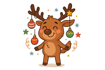 Cute Christmas reindeer vector illustration. Happy cartoon deer character with festive holiday ornaments on antlers. Funny winter animal for greeting cards or kids party decor.