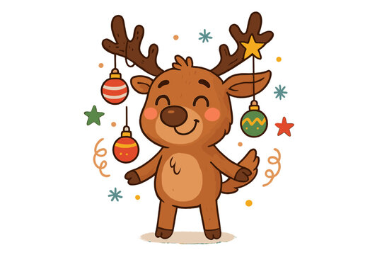 Cute Christmas reindeer vector illustration. Happy cartoon deer character with festive holiday ornaments on antlers. Funny winter animal for greeting cards or kids party decor. - Powered by Adobe
