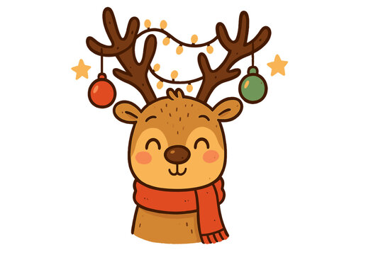 Cute reindeer with Christmas decorations. Funny cartoon animal character for holiday greeting card. Festive winter deer with scarf, lights, and ornaments for Xmas celebration.