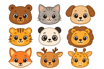 Cute kawaii animal faces set. Vector collection of cartoon heads with big eyes. Bear, cat, dog, tiger, panda, lion, fox, deer, giraffe. Baby animals for kids, nursery.