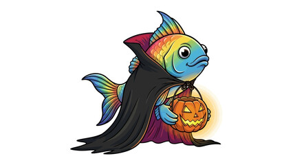 Happy Halloween Fish in Costume: A whimsical, colorful fish dons a Dracula costume, clutching a pumpkin lantern in anticipation of Halloween night.