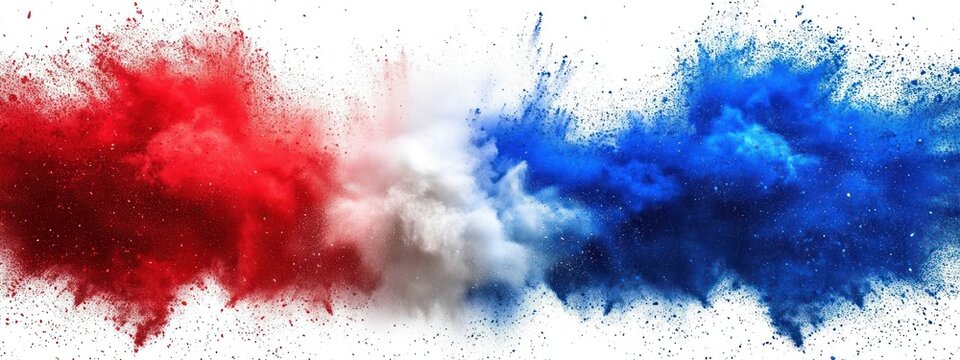 Dynamic explosion of red, white, and blue powder blending together in a vivid cloud of colorful dust particles on a white background