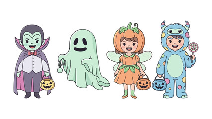 Halloween Dress Up Fun: Four adorable children dressed up as classic Halloween characters. Capturing the playfulness and creativity of the holiday, this illustration is perfect for seasonal designs.