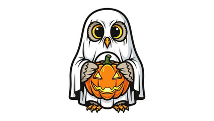 Cute Ghost Owl with Pumpkin: A whimsical illustration of a cute owl dressed as a ghost, lovingly cradling a carved pumpkin lantern, capturing the essence of Halloween fun.