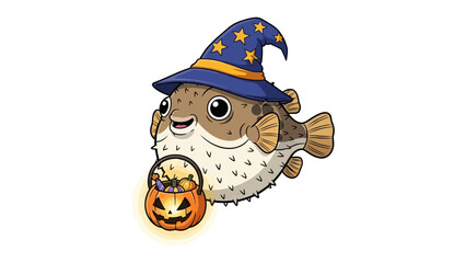 Halloween Puffer Fish Wizard: A whimsical illustration of a puffer fish wearing a wizard hat and holding a jack-o'-lantern, celebrating Halloween.