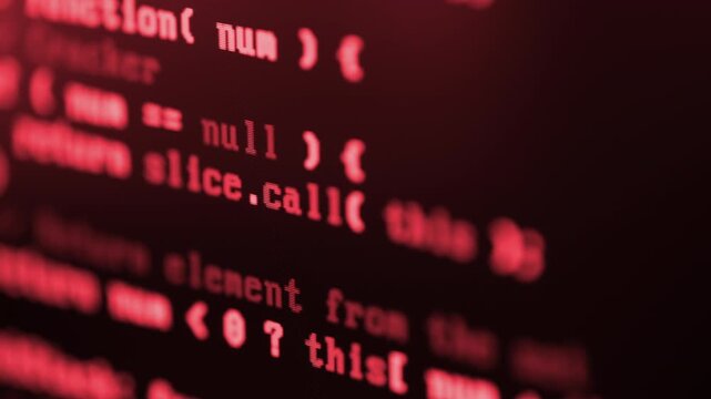 Close up of red computer screen with programming code, hacker cyber attack background, malware virus, data breach, cybersecurity hacking concept, dark digital security threat visualization