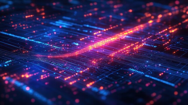Glowing digital circuit board with flowing red and blue light trails representing data transfer and advanced technology