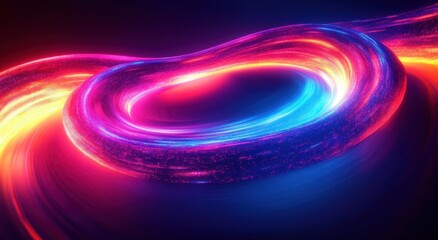 Glowing neon torus shape emitting vibrant blue, purple, and orange light trails on a dark background, creating a dynamic futuristic and energetic visual effect