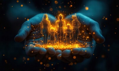 Human hands gently holding glowing digital wireframe figures of a family surrounded by sparkling orange light particles symbolizing protection and care