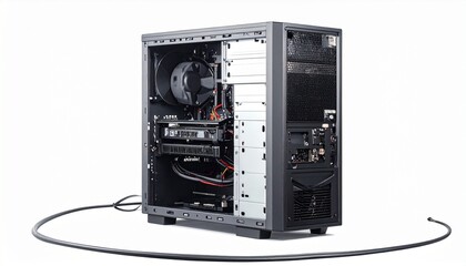 Open desktop computer tower showing internal components—motherboard, power supply, fans, expansion cards, and floppy drive—isolated on white surface for hardware education and tech reference.